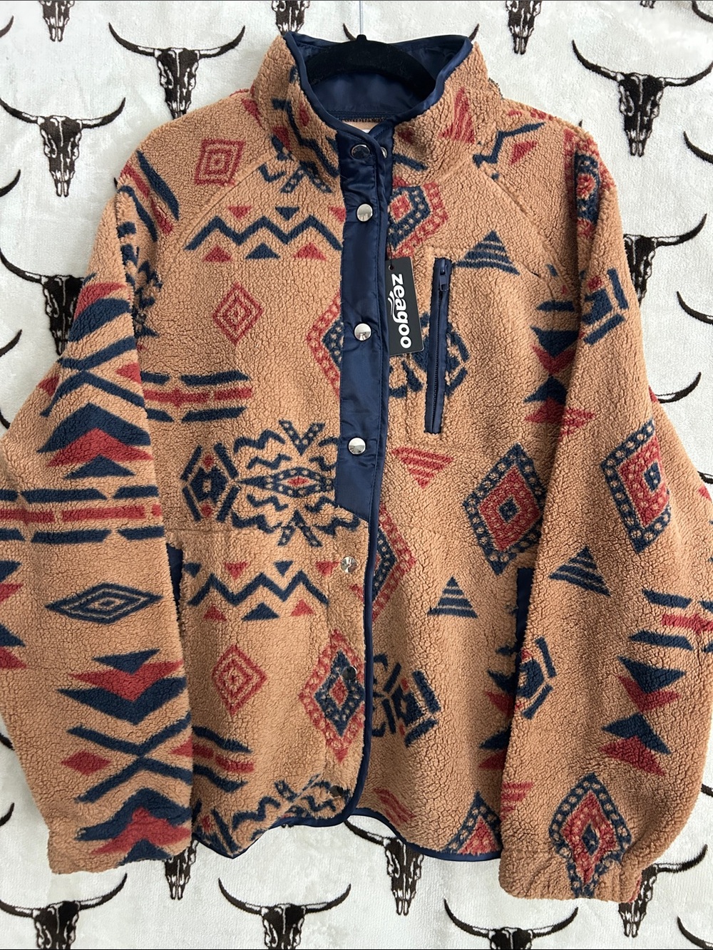 NWT Zeagoo Southwestern Aztec Sherpa Fleece Jacket Tan Navy Rust M